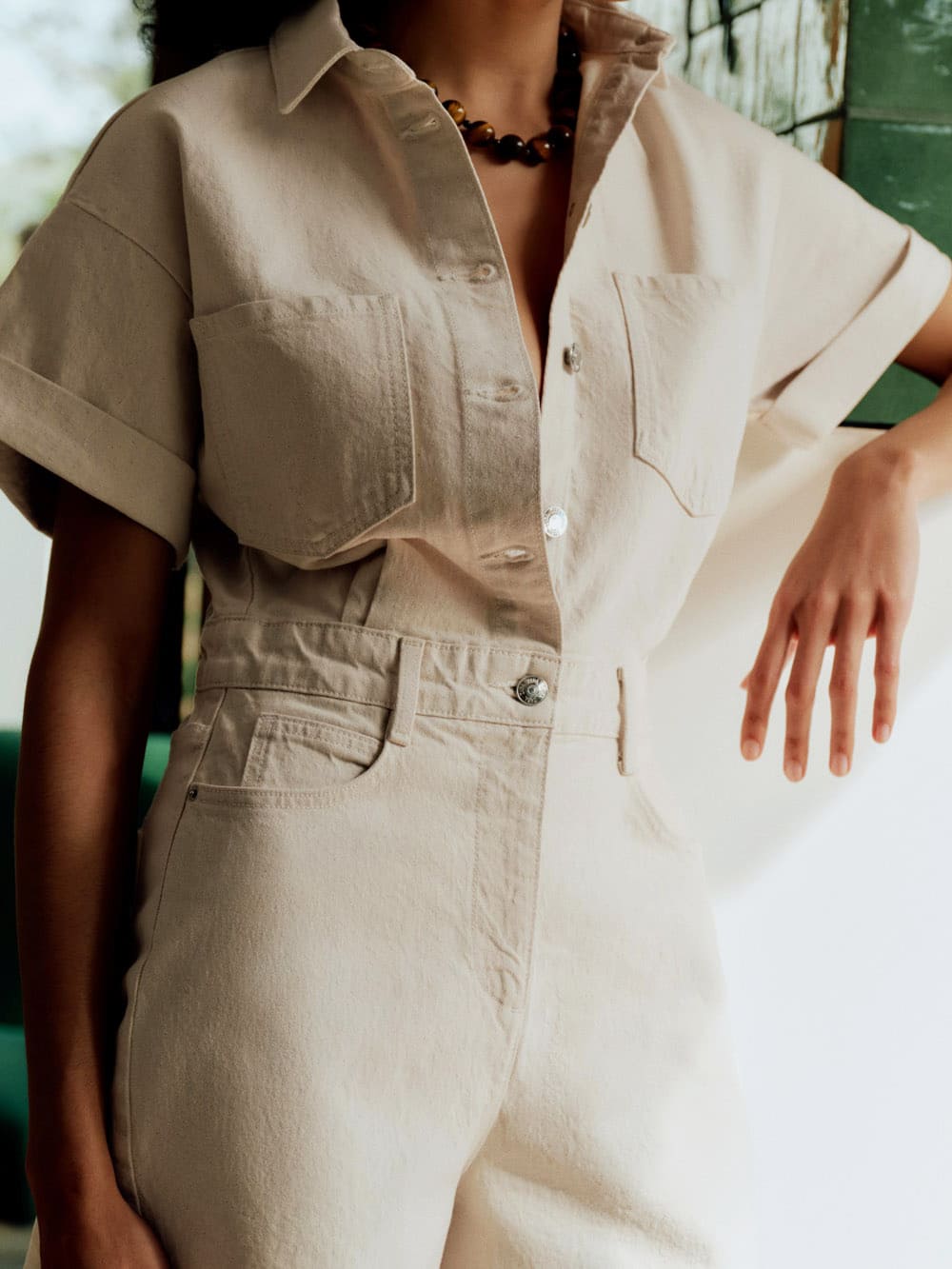 Mini Denim Cuffed Romper Beige