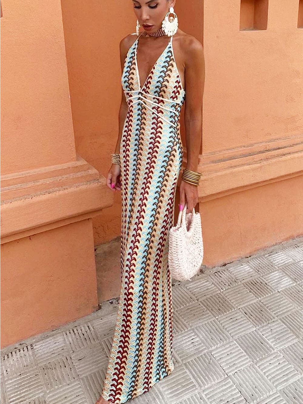 Lumina Boho Pattern Knit Slim-Fit Vacation Maxi Dress