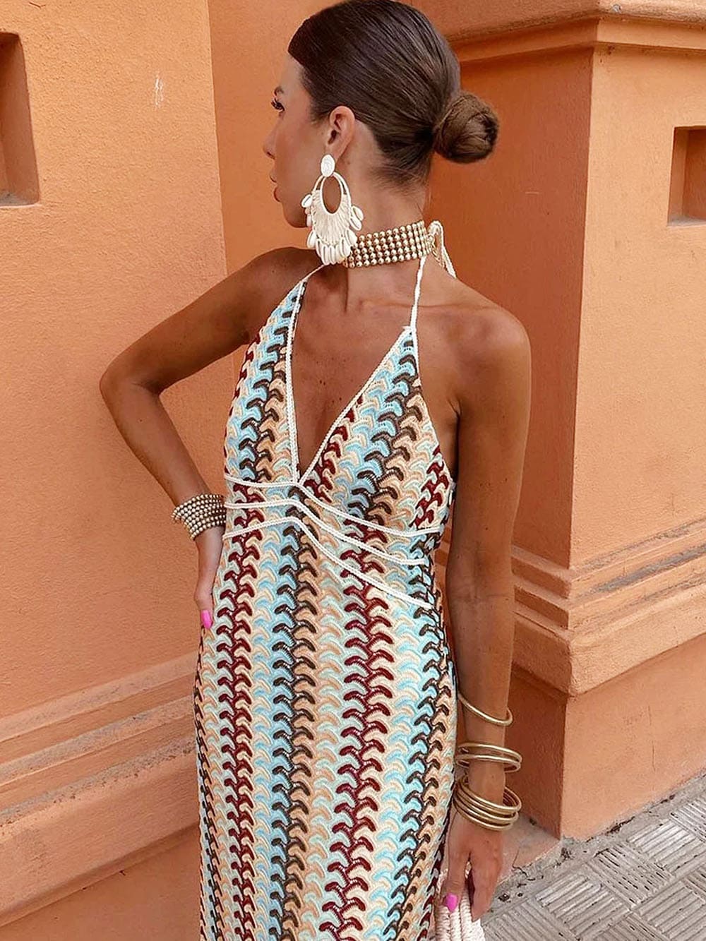 Lumina Boho Pattern Knit Slim-Fit Vacation Maxi Dress