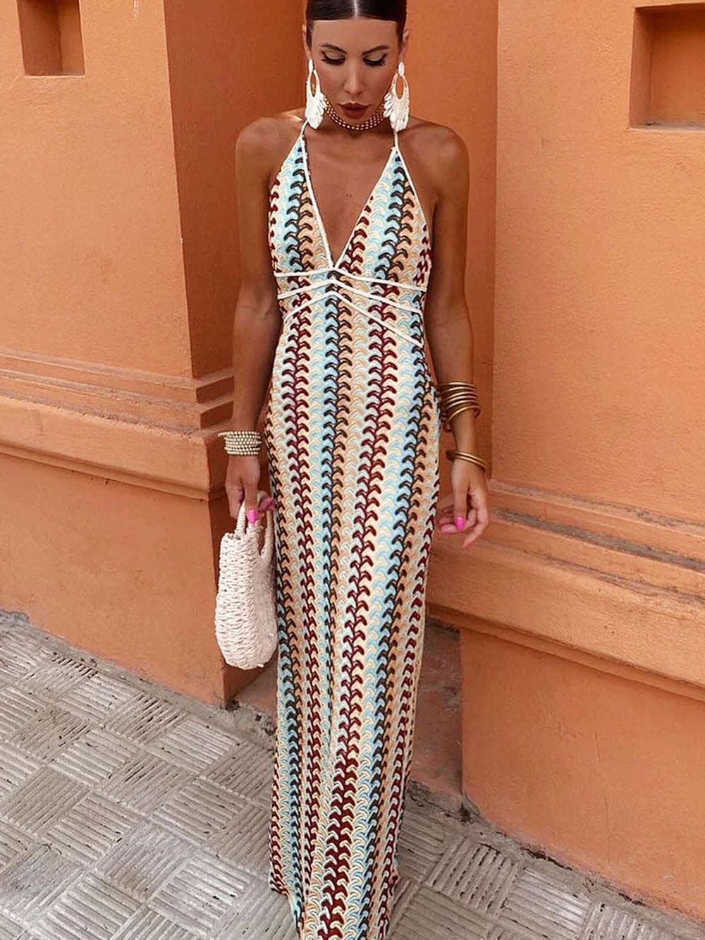 Lumina Boho Pattern Knit Slim-Fit Vacation Maxi Dress