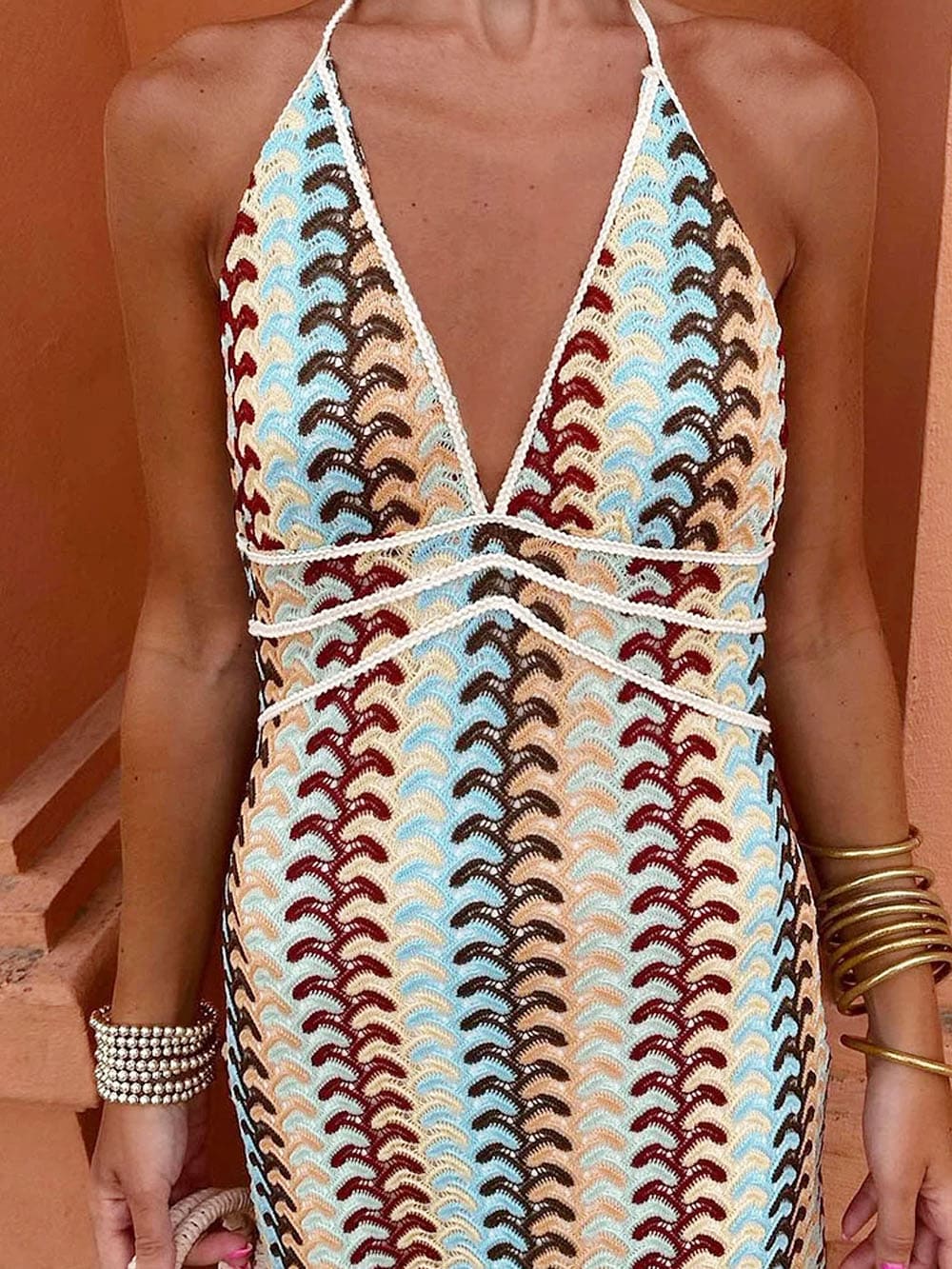 Lumina Boho Pattern Knit Slim-Fit Vacation Maxi Dress