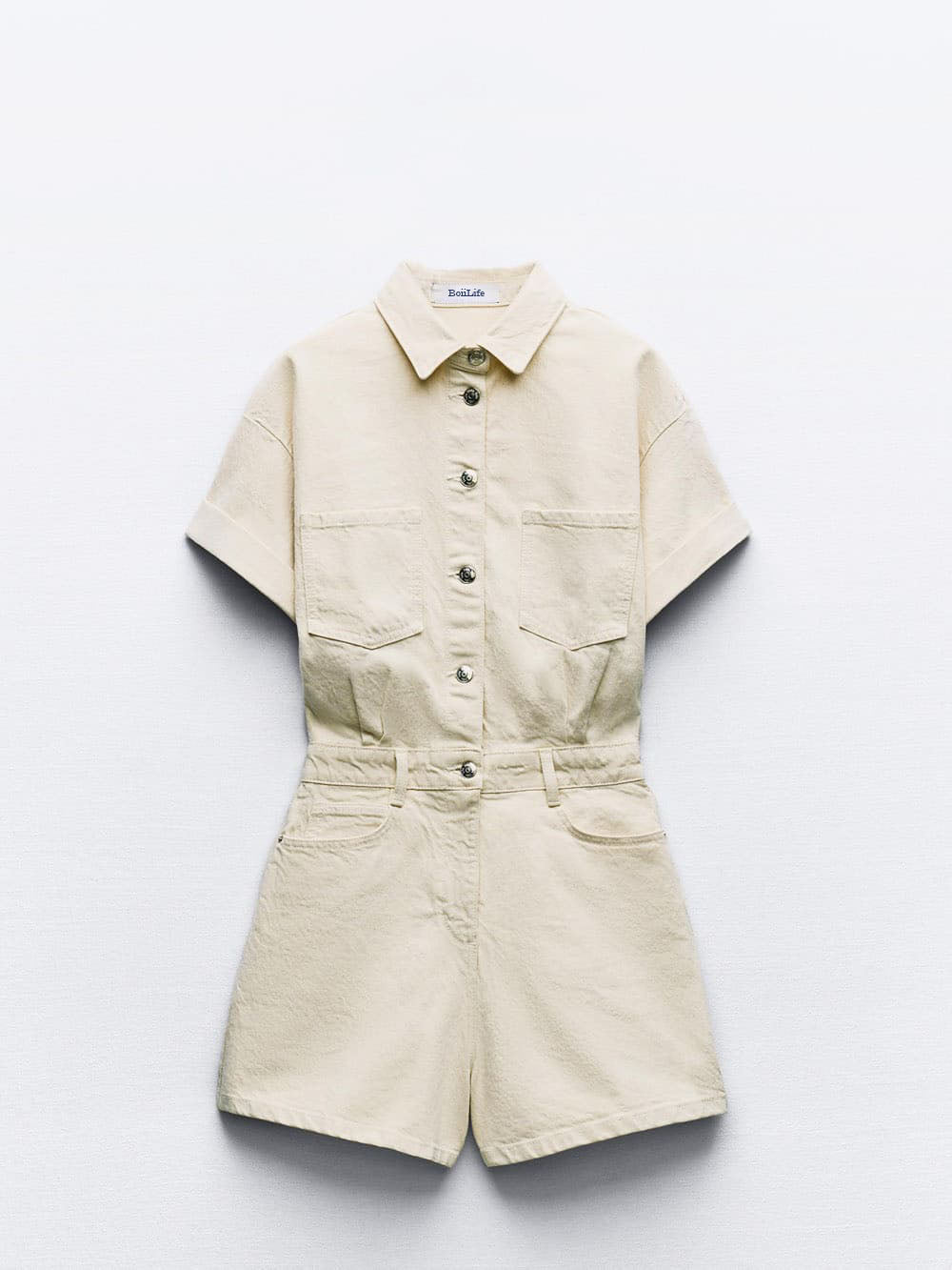 Mini Denim Cuffed Romper Beige