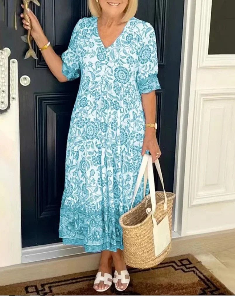 Sandrah™ | FLORAL BELLY-COVERING DRESS WITH V-NECK