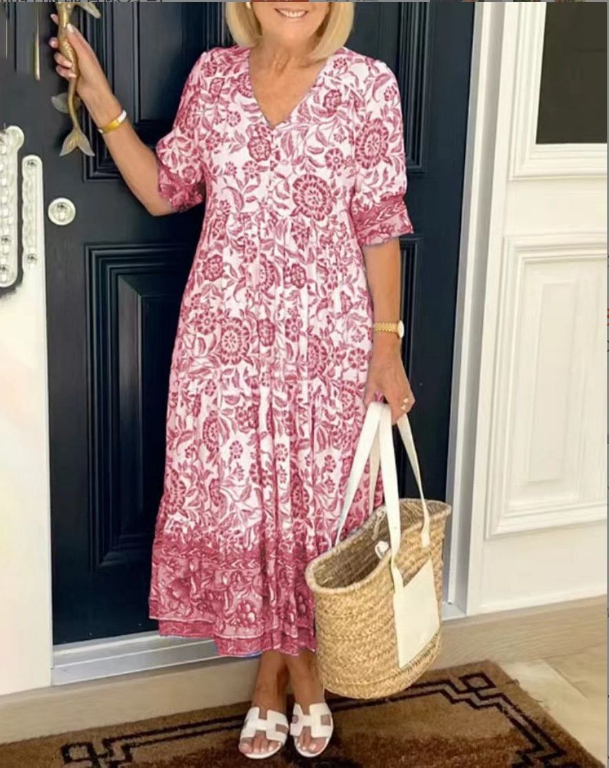 Sandrah™ | FLORAL BELLY-COVERING DRESS WITH V-NECK
