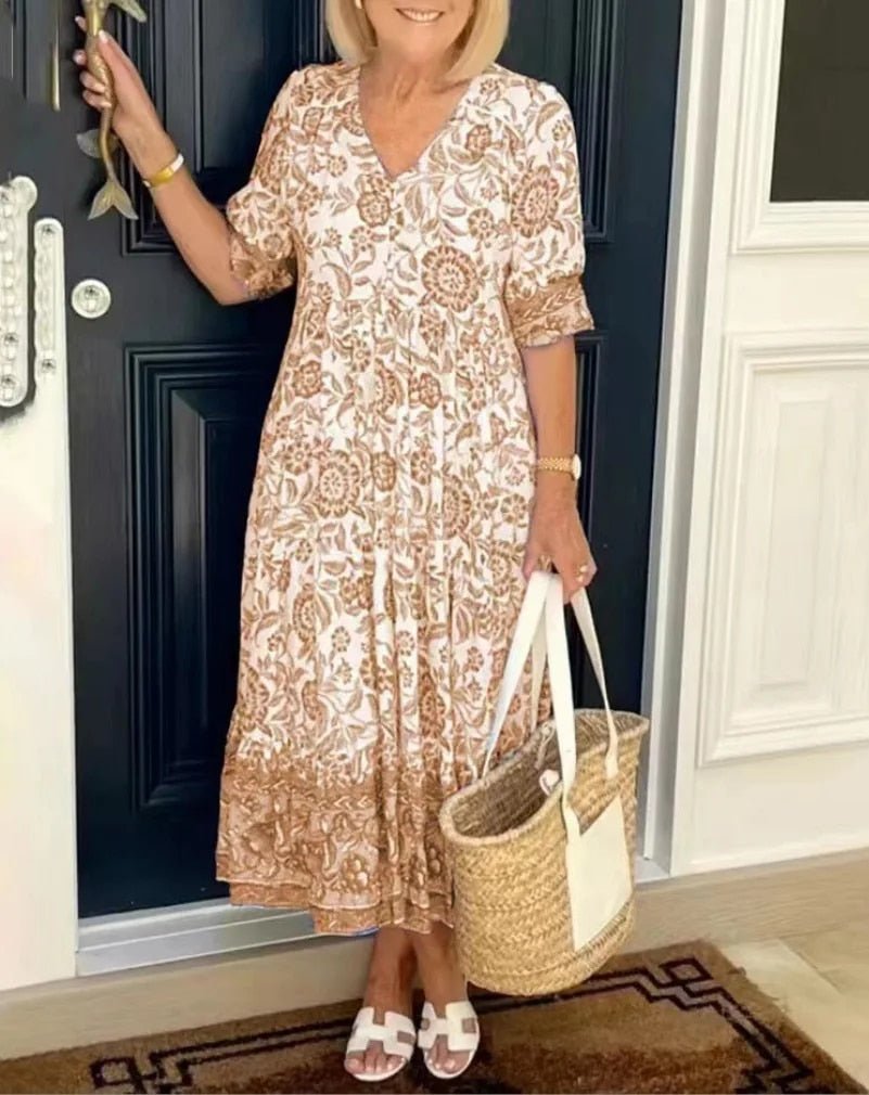 Sandrah™ | FLORAL BELLY-COVERING DRESS WITH V-NECK